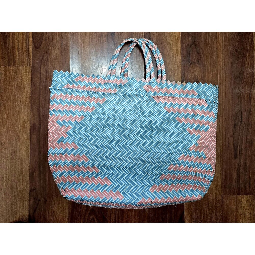 Recycled Plastic Diamond Woven  Large Tote Summer Beach Bag Orange Blue Boho